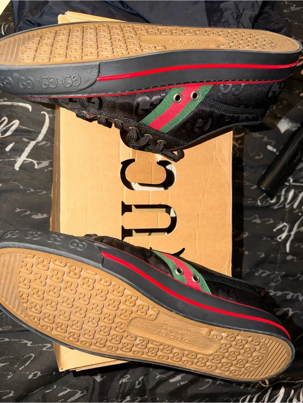 Gucci Black Sneakers with Red and Green Web Stripe
